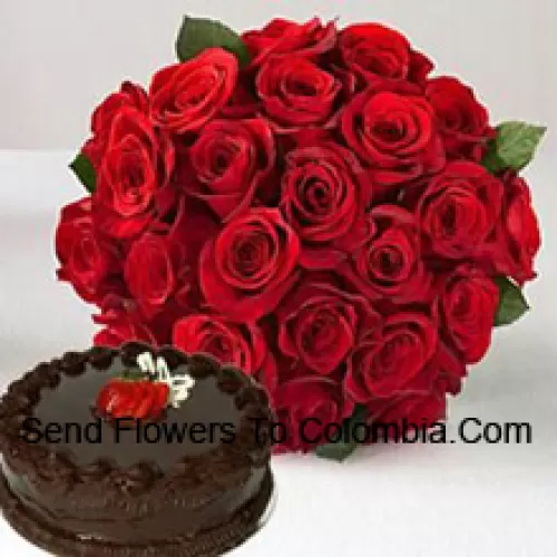 Bunch Of 24 Red Roses With Seasonal Fillers Along With 1 Lb. (1/2 Kg) Chocolate Truffle Cake (Please note that cake delivery is only available for Metro Manila Region. Any cake delivery orders outside Metro Manila will be substituted with Chocolate Brownie Cake without cream or the recipient shall be offered a Red Ribbon Voucher enough to buy the same cake)