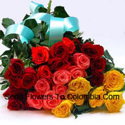 Bouquet de 12 roses rouges, 6 jaunes et 6 roses roses
