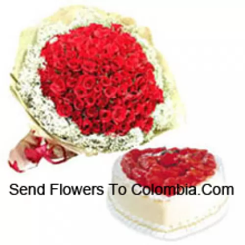Bunch Of 100 Red Roses With Seasonal Fillers And 1 Kg Heart Shaped Pineapple Cake