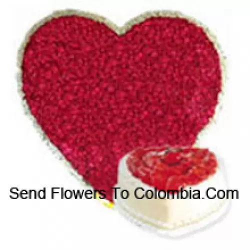 Heart Shaped Arrangement Of 200 Red Roses Along With Heart Shaped Pineapple Cake
