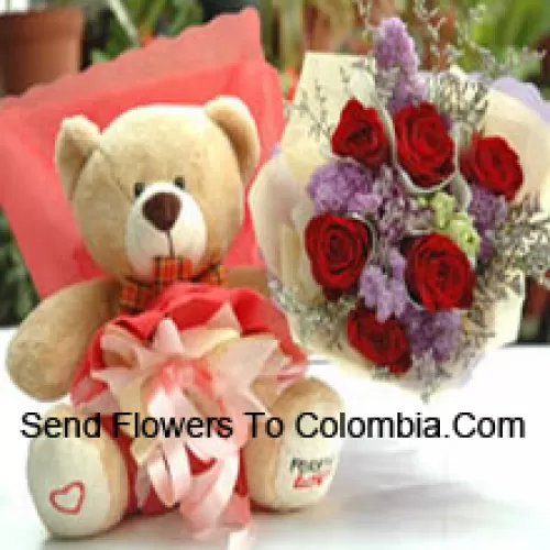 Bunch Of 6 Red Roses And A Medium Sized Cute Teddy Bear